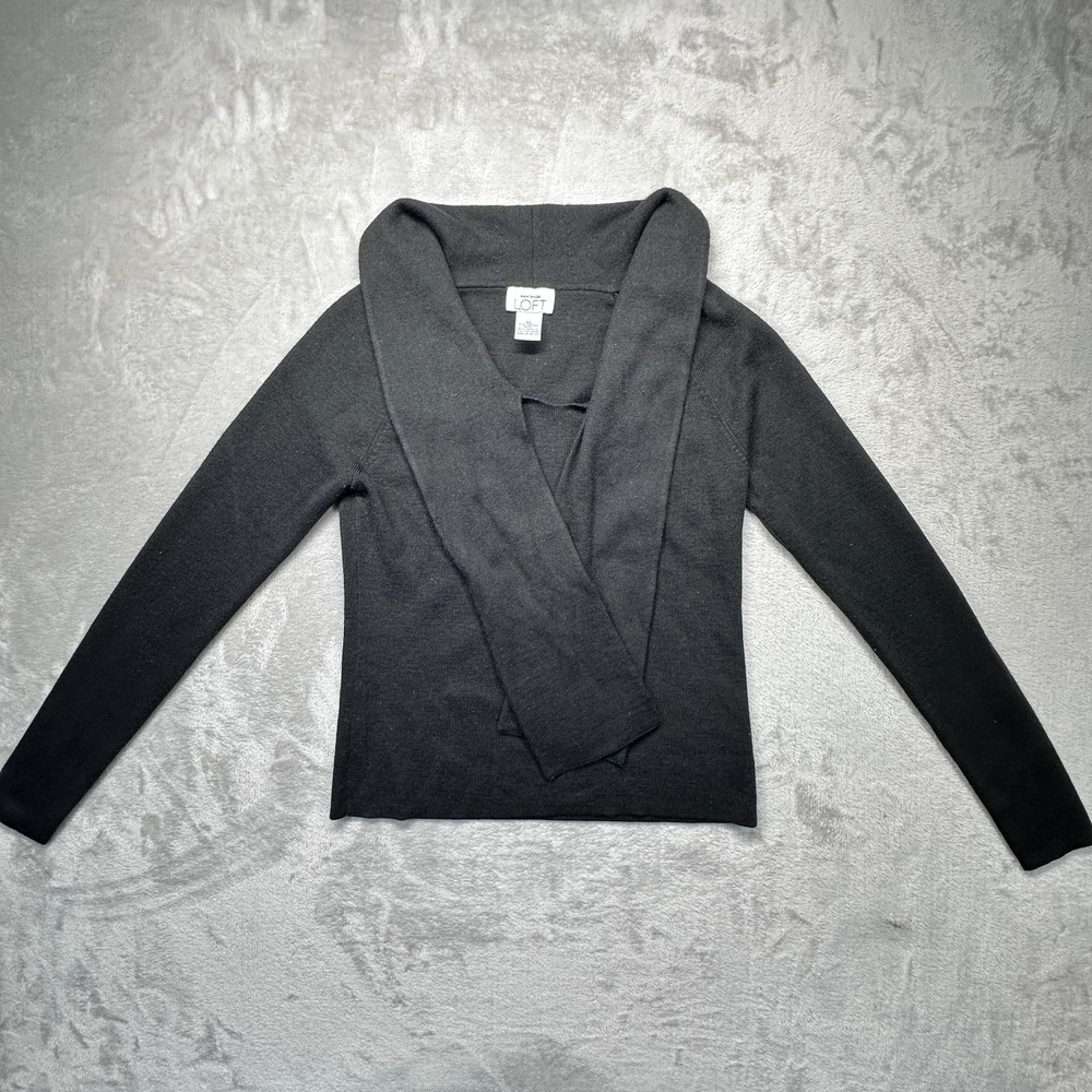 Ann Taylor Loft Sweater Womens XS Black Merino Wool Shawl Collar‎ Wrap Front Top